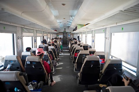 Train compartment of the state railway line from the inside, Hanoi, Vietnam, Asia