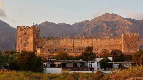 Evening light, Whole fortress, Mountains, Lefka Ori, Taverna, Reed grass, Reed, Frangokastello,