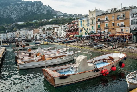 Leisure boats in Marina Grande, Capri Island, Campania, Gulf of Naples, Italy, Mediterranean Sea,