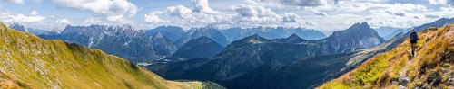 Alpine panorama, hiker on the Carnic High Trail, Carnic main ridge, Carnic Alps, Carinthia,