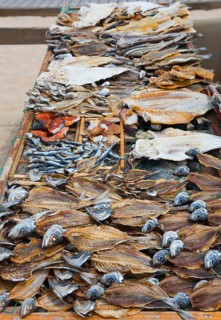 A wire rack with different types of dried fish on the beach, fish drying, Praia da Nazare beach,