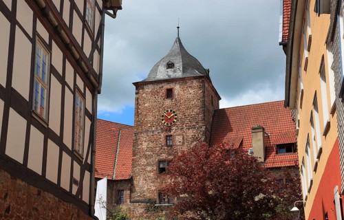 View of the tower of the Vorderburg, Schlitz, small town in the east of the Vogelsberg district in