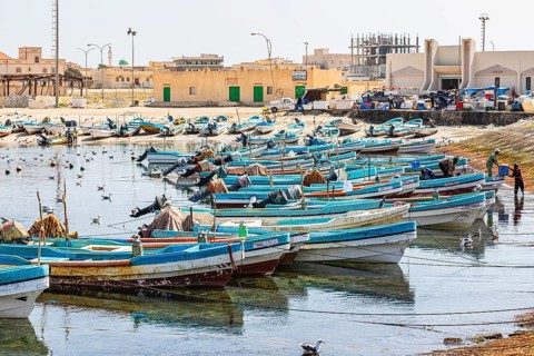 Fishing boats anchored in the harbour of Mirbat, Dhofar Province, Arabian Peninsula, Sultanate of