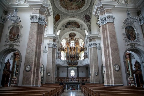 Church, baroque basilica St. Mang, interior view, organ, Füssen, Ostallgäu, Bavaria Germany