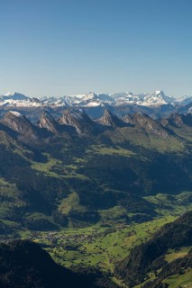 View from the alpine peak Säntis to the Appenzell Alps, 2505m altitude, Schwägalp, snow-covered