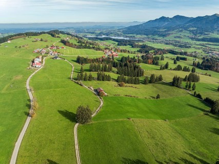 Mountain range near village Wertach, view to lake Gruentensee, aerial view, Allgaeu, Bavaria,
