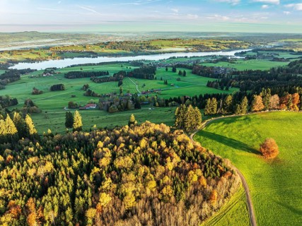 Mountain range near village Wertach, view to lake Rottachsee, aerial view, autumn colors, sunrise,