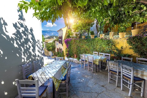 Greece, historic neighborhood of Plaka and Anafiotika in Athens with restaurants near Acropolis,