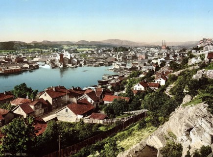 Overview of the town of Skien, Telemark Province, Norway, around 1895, Historical, digitally