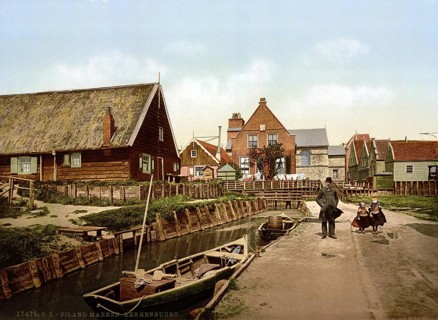 Kerkenbuurt, near the church, Marken Island, Holland, ca 1895, Historical, digitally restored