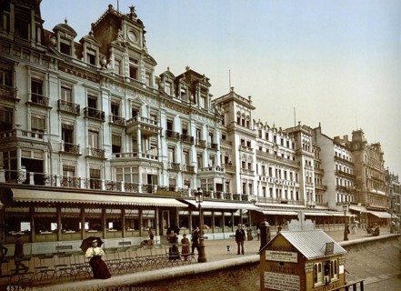 The beach and the hotels, Ostend, Belgium, ca 1895, Historical, digitally restored reproduction