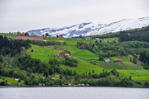 Mountains and Fjord over Norwegian Village, Olden, Innvikfjorden, Norway, Europe