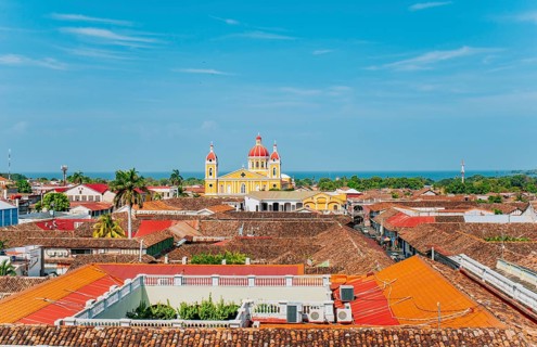Beautiful panoramic view of the colonial cathedral of Granada from the La Merced church