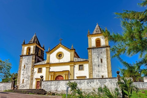 Facade of a famous and historic baroque church in the city of Olinda, state of Pernambuco, Brazil,