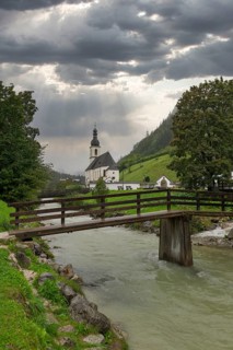 Parish church of St Sebastian, bridge, stream, rainy weather, Ramsauer Ache, Ramsau,