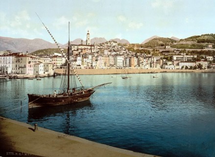 The harbour and old town of Menton on the Riviera, France, c. 1895, Historic, digitally restored