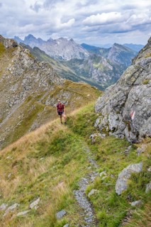 Hiker on the Carnic High Trail, Carnic Main Ridge, Carnic Alps, Carinthia, Austria, Europe