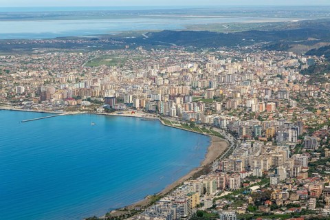 Oblique aerial view of city of Vlore, Albania, Europe