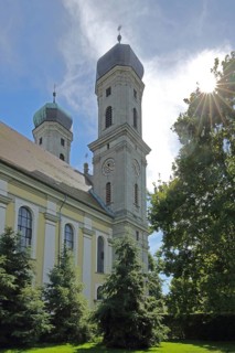 Baroque castle church backlit, Friedrichshafen, Obersee, Lake Constance, Lake Constance area,