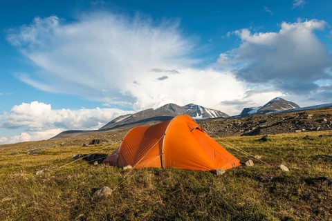 Tent in mountain landscape, Sarek National Park, World Heritage Laponia, Norrbotten, Lapland,