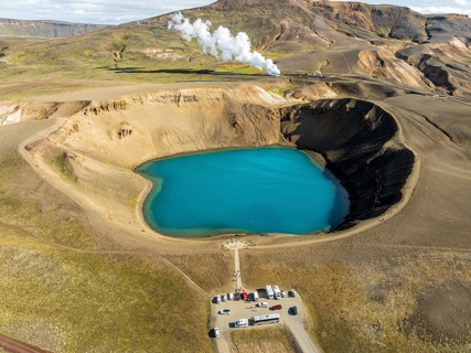 Aerial view of blue lake in the Viti volcano crater, at Krafla power plant, Myvatn region, Iceland,