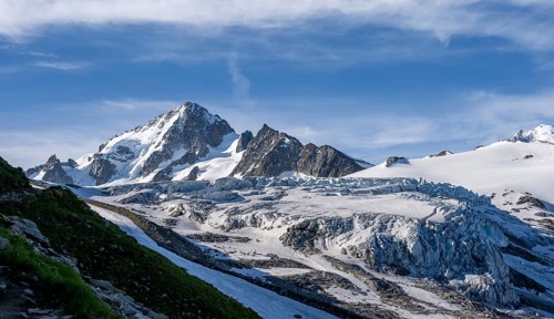 High alpine mountain landscape, summit of the Aiguille de Chardonnet and Glacier du Tour, glaciers