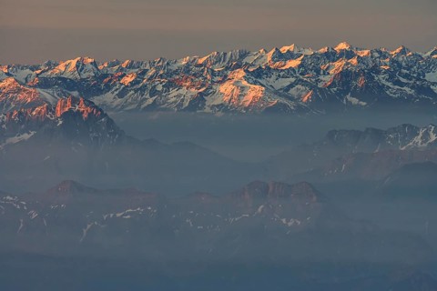 Morning haze and fog over mountain ranges, morning light, summer, Lechtal Alps, aerial view, Upper