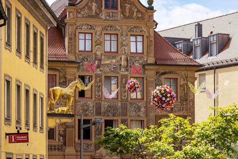 Town view of Ellwangen, Zimmerle house with magnificent façade painting. Today Adler pharmacy,