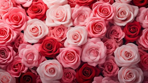Valentine day background of close-up view of a beautiful mix of pink, red and white roses,
