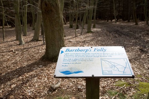 Barthorp's Folly woodland public information notice about access and management, Hollesley,