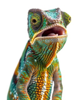 Beautiful expressive chameleon singing of talking isolated on a white background, AI generated