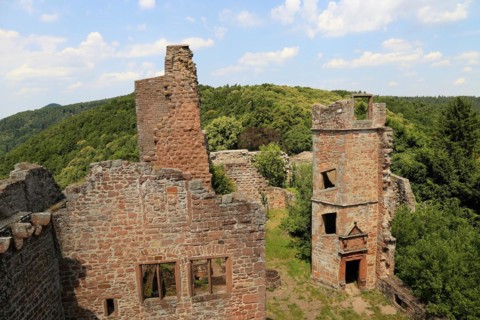 Madenburg Castle above Eschbach in summer. It is considered one of the most beautiful castle ruins