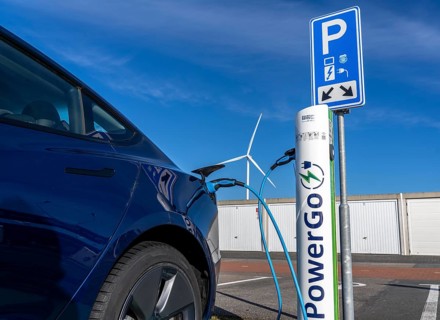 Electric car fast charging station, from the Dutch provider PowerGo, in the ferry harbour of