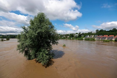 Flood on the Ruhr, after long heavy rainfall the river left its bed and flooded the countryside and