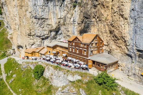 Ebenalp, Guest house Aescher, Wildkirchli under the Ascher cliff, aerial view, Ebenalp, Appenzell,