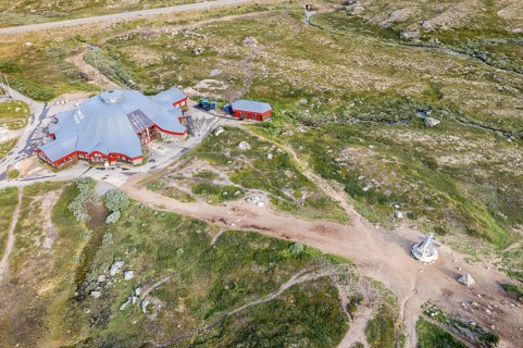 Aerial view of the arctic circle center, polar circle, E6 highway, Norway, Europe