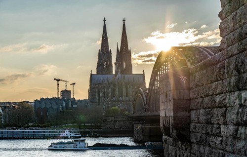 Panorama, Skyline of Cologne, with the cathedral and the railway bridge, Hohenzollern Bridge, on