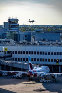 Düsseldorf Airport, Eurowings aircraft at Terminal A, on approach, former tower