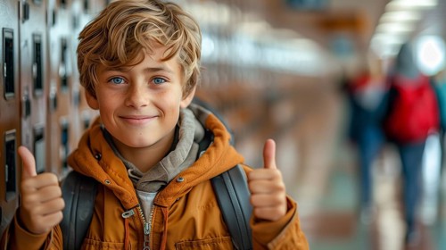 Cute caucasian school boy giving a thumbs up in the hallway of his school. generative AI, AI