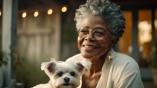 Attractive happy african american elderly woman on her porch holding her maltese puppy, generative