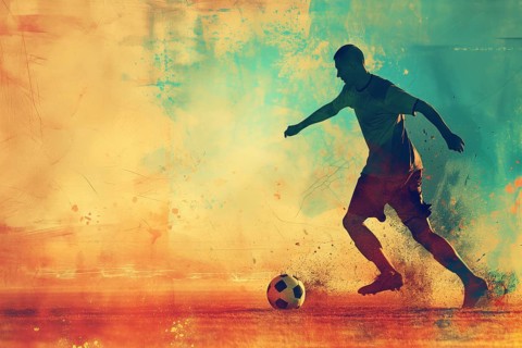A soccer player dribbles and kicks a soccer ball. Abstract vintage grungy poster style with muted