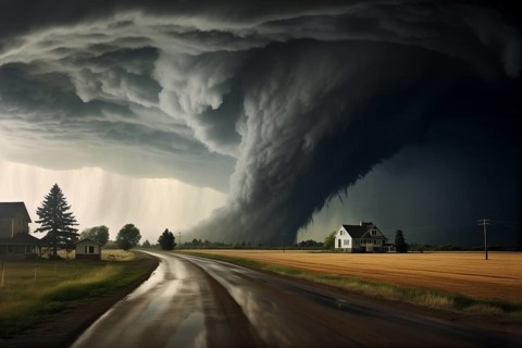 Disaster catastrophe storm concept, tornado in a field in the USA with wooden house and road under