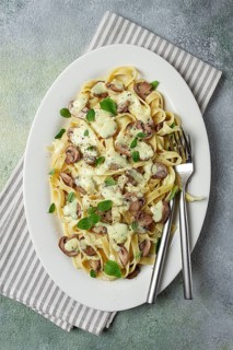 Fettuccine with champignons, basil, in cream sauce, homemade, no people
