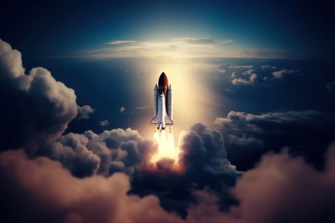 Aerial view of a rocket shuttle carrier launch at sunrise over an ocean coast. The rocket is