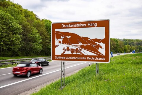 Tourist information board on the Drackensteiner Hang, A8 motorway near Hohenstadt in the Swabian