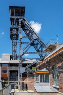 Colliery headframe and coal mine buildings at Le Bois du Cazier, coal mining museum at Marcinelle