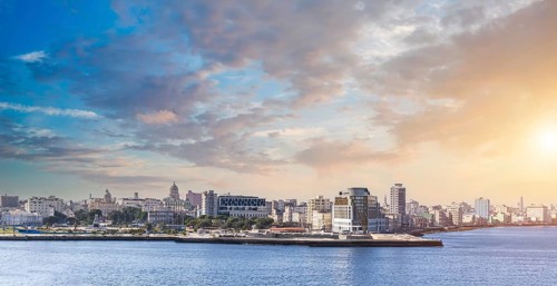Panoramic aerial view of an Old Havana, Old Havana streets and Havana Bay in historic city center
