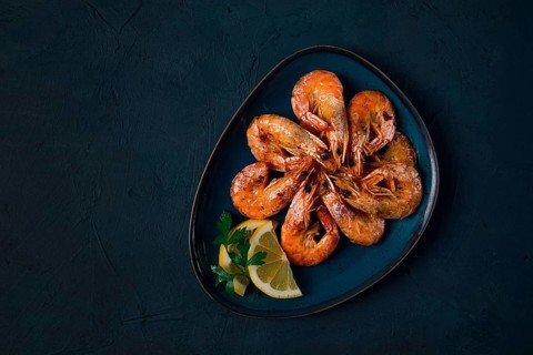 Fried with spices, King prawns, undivided, top view, selective focus, seafood, shrimp, no people