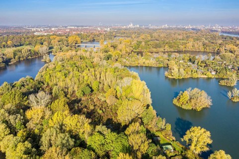 Drone shot of lake Döhrener teich (right) and Ricklinger Teich (left), south of Hannover city,
