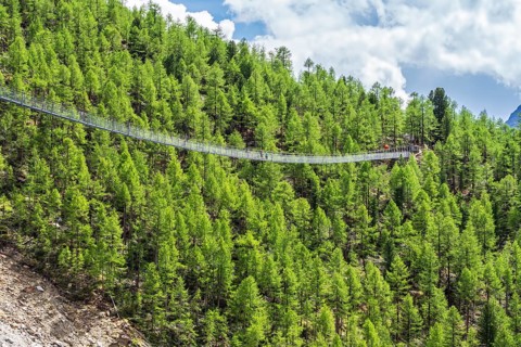 Charles Kuonen suspension bridge, part of hiking trail Europaweg, Matter valley near village Randa,
